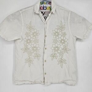 Folk Shirt Mens Medium Short Sleeve Button Up White Floral Casual Linen Blend